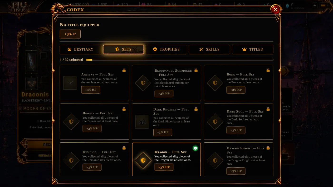 The Codex screen with its set collection