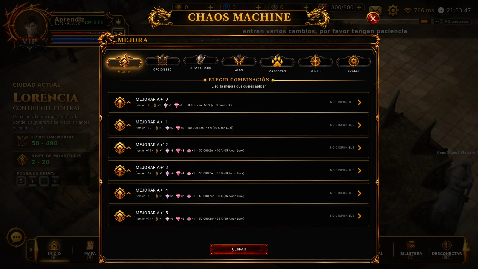 Chaos Machine con sus pestañas y la lista de mejoras