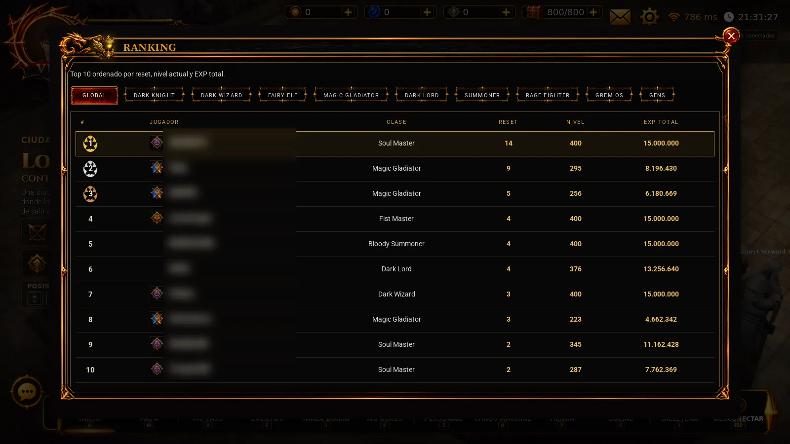 Ranking global con el Top 10 de jugadores