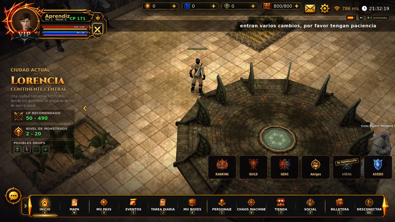 Botón SOCIAL abierto con Ranking, Guild, Gens, Amigos, Arena y Asedio